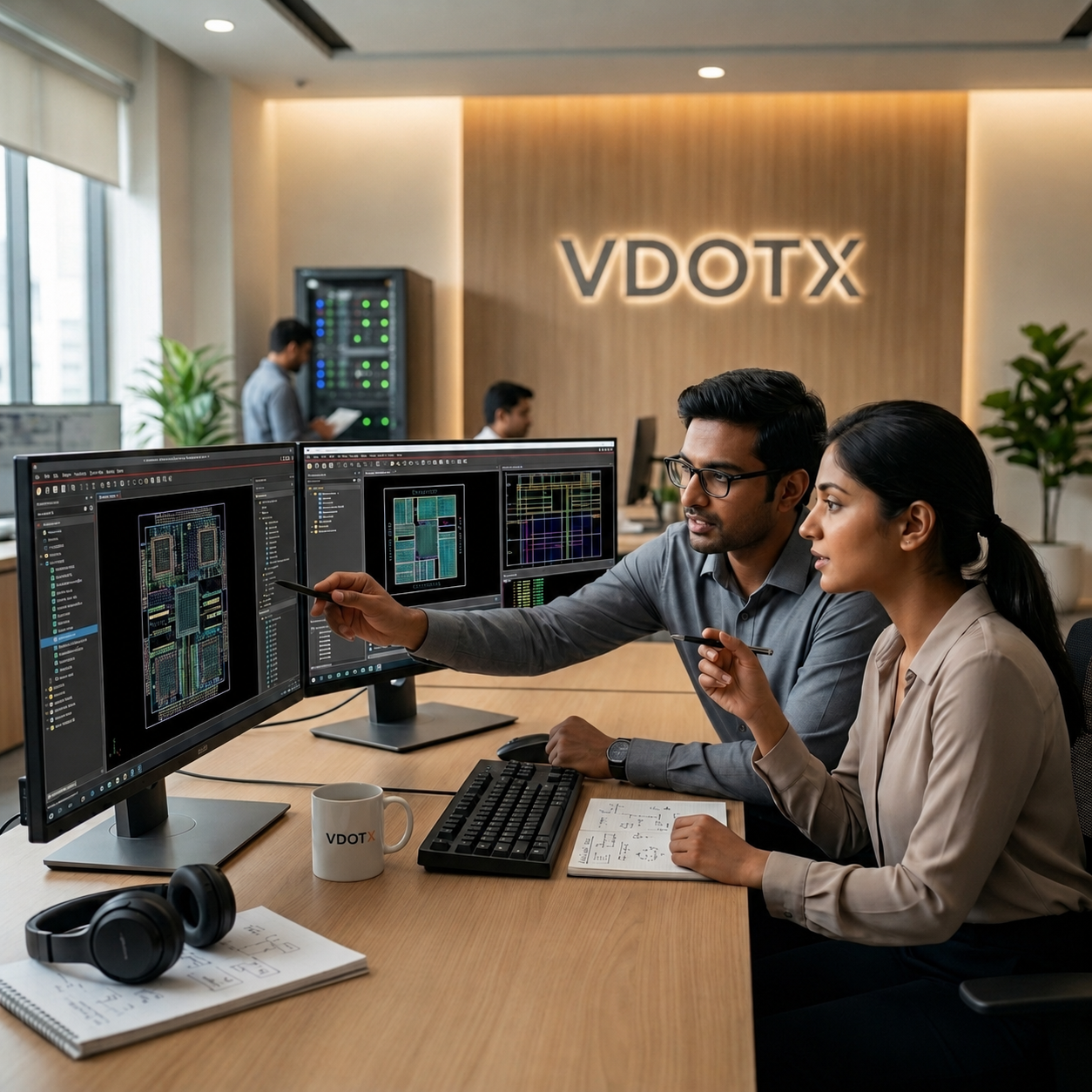 VDOTX engineers collaborating on microchip circuit layouts in a modern design office